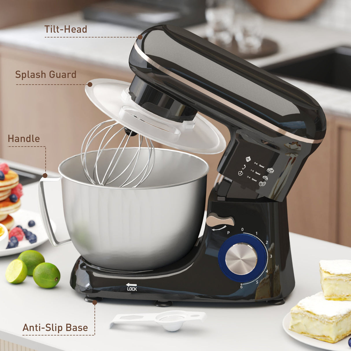 Wise Galleria Stand Mixer with Tilt-Head, Splash Guard, and Anti-Slip Base for Easy Baking