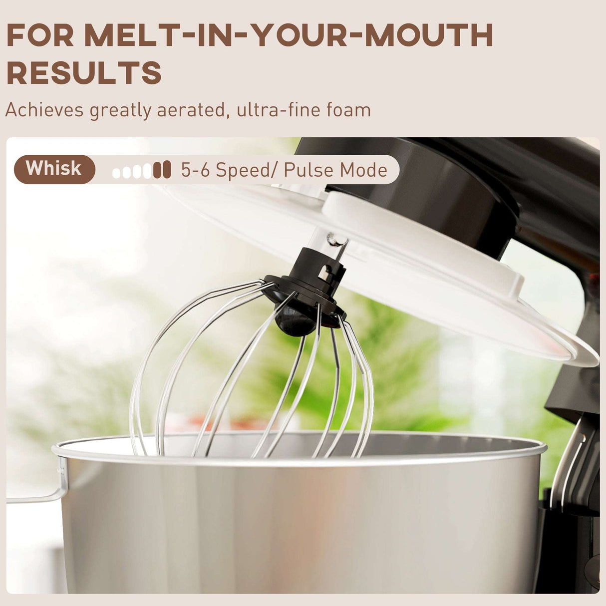 Wise Galleria Stand Mixer with whisk attachment for creating ultra-fine foam and melt-in-your-mouth results