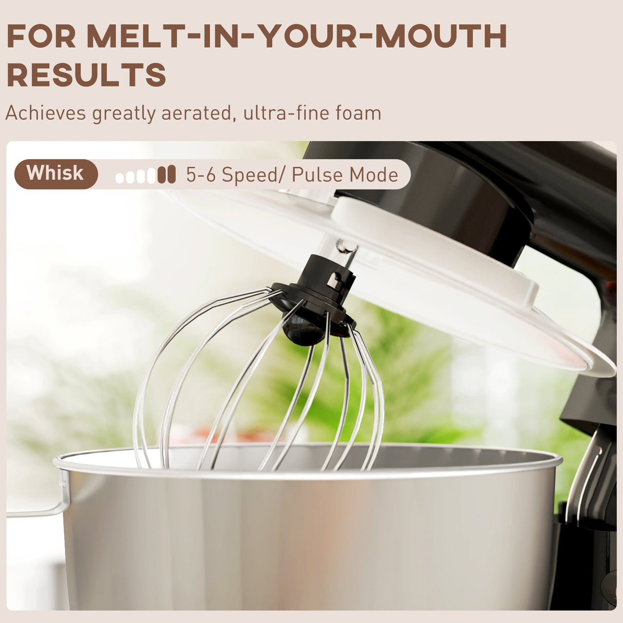 Wise Galleria Stand Mixer with whisk attachment for creating ultra-fine foam and melt-in-your-mouth results