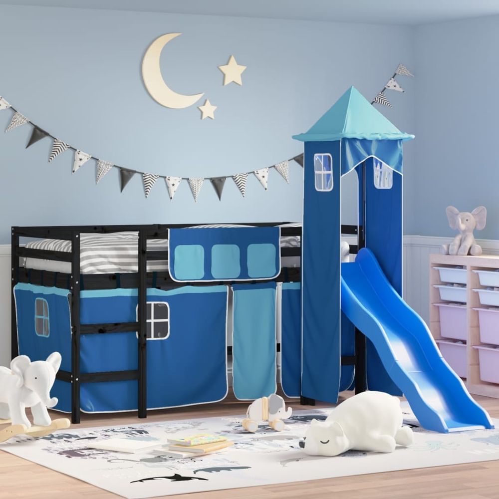 vidaXL Kids' Loft Bed with Tower White&Black 80x200cm Solid Wood Pine black and blue vidaXL