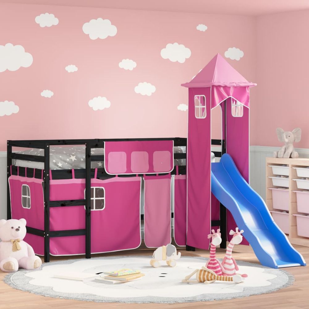 vidaXL Kids' Loft Bed with Tower White&Black 80x200cm Solid Wood Pine black and pink vidaXL