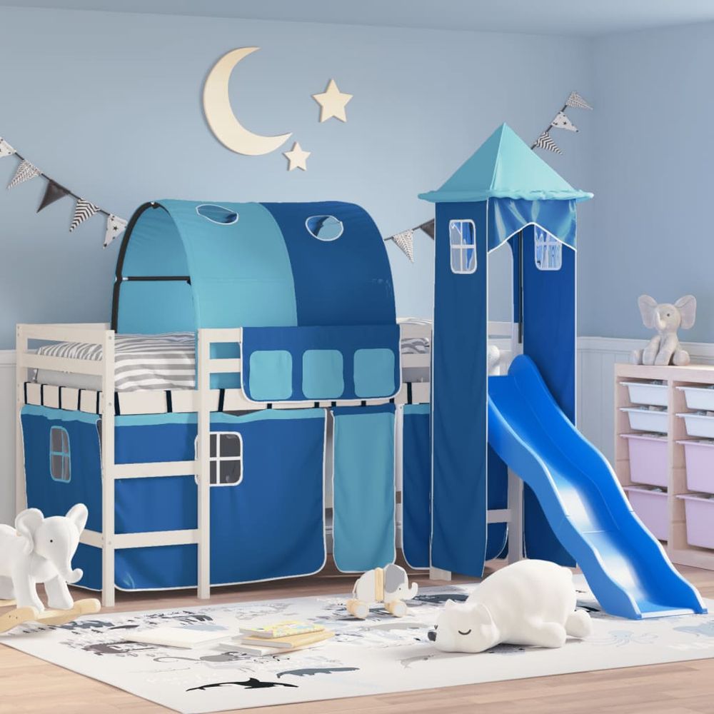 vidaXL Kids' Loft Bed with Tower White&Black 80x200cm Solid Wood Pine white and blue vidaXL