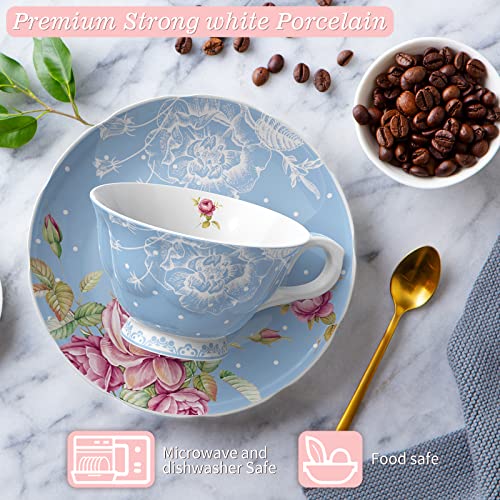 Elegant Afternoon Tea Set with Blue Floral Design, Includes Strong Porcelain Cup and Saucer