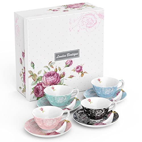 London Boutique Lifestyle Afternoon Tea Set with four decorative cups and saucers in pastel and black designs