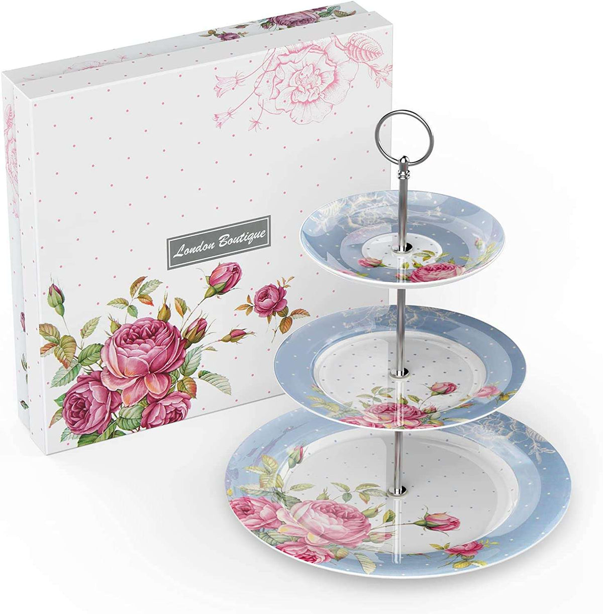 Three-Tier Cake Stand with Floral Design from London Boutique Lifestyle in Gift Box