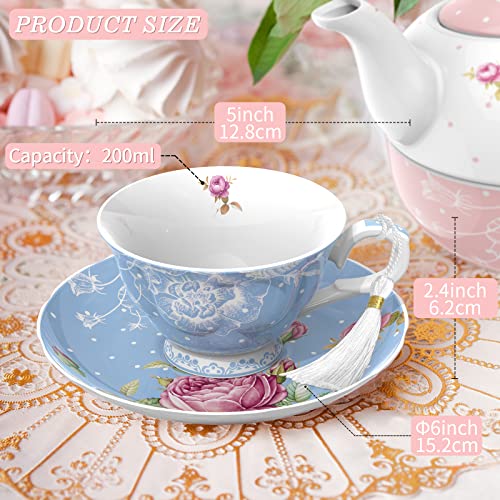 Elegant Afternoon Tea Set featuring a blue patterned cup and saucer with floral design and decorative tassel