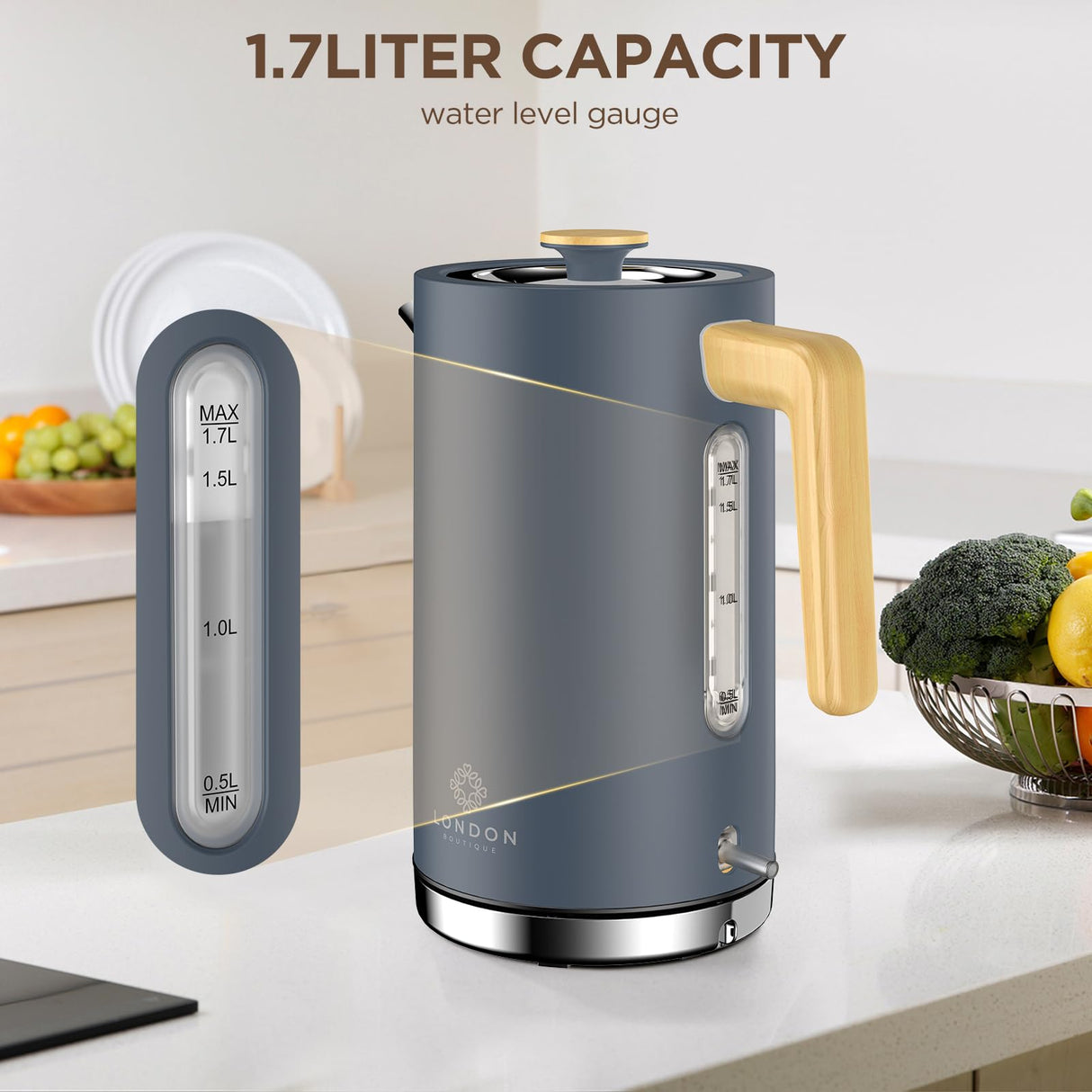 London Boutique Lifestyle Electric Kettle with 1.7 litre capacity and water level gauge for easy boiling