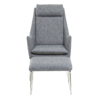 Orsina Lounge Chair with a high back and matching ottoman in grey fabric for comfort