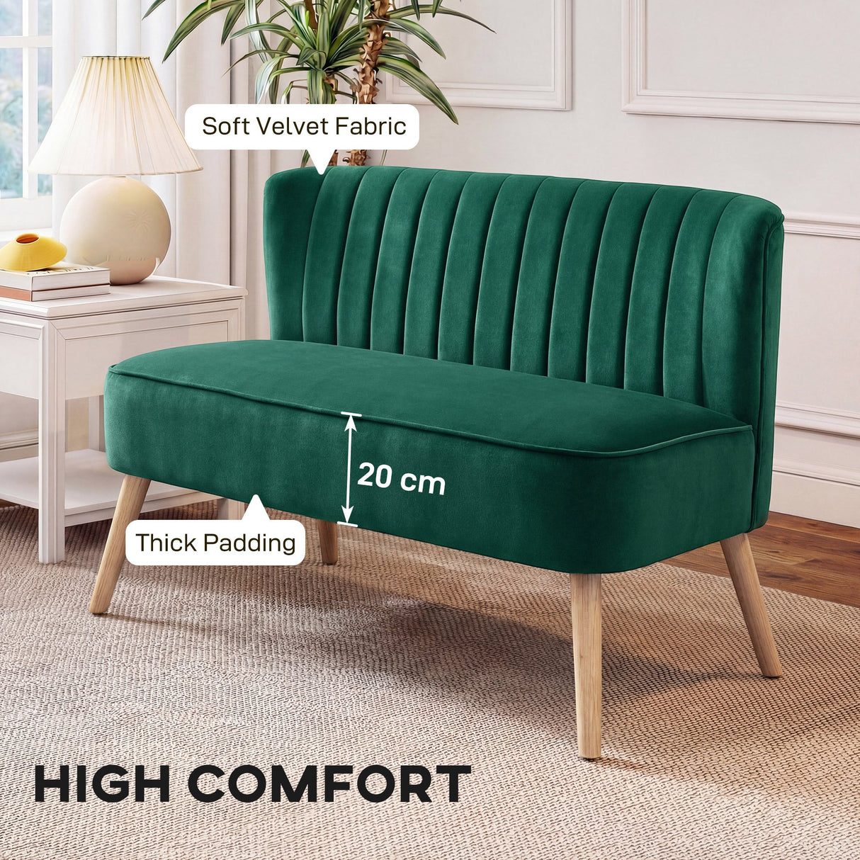 Elegant Wise Galleria Loveseat Sofa in Green Velvet with Thick Padding for High Comfort