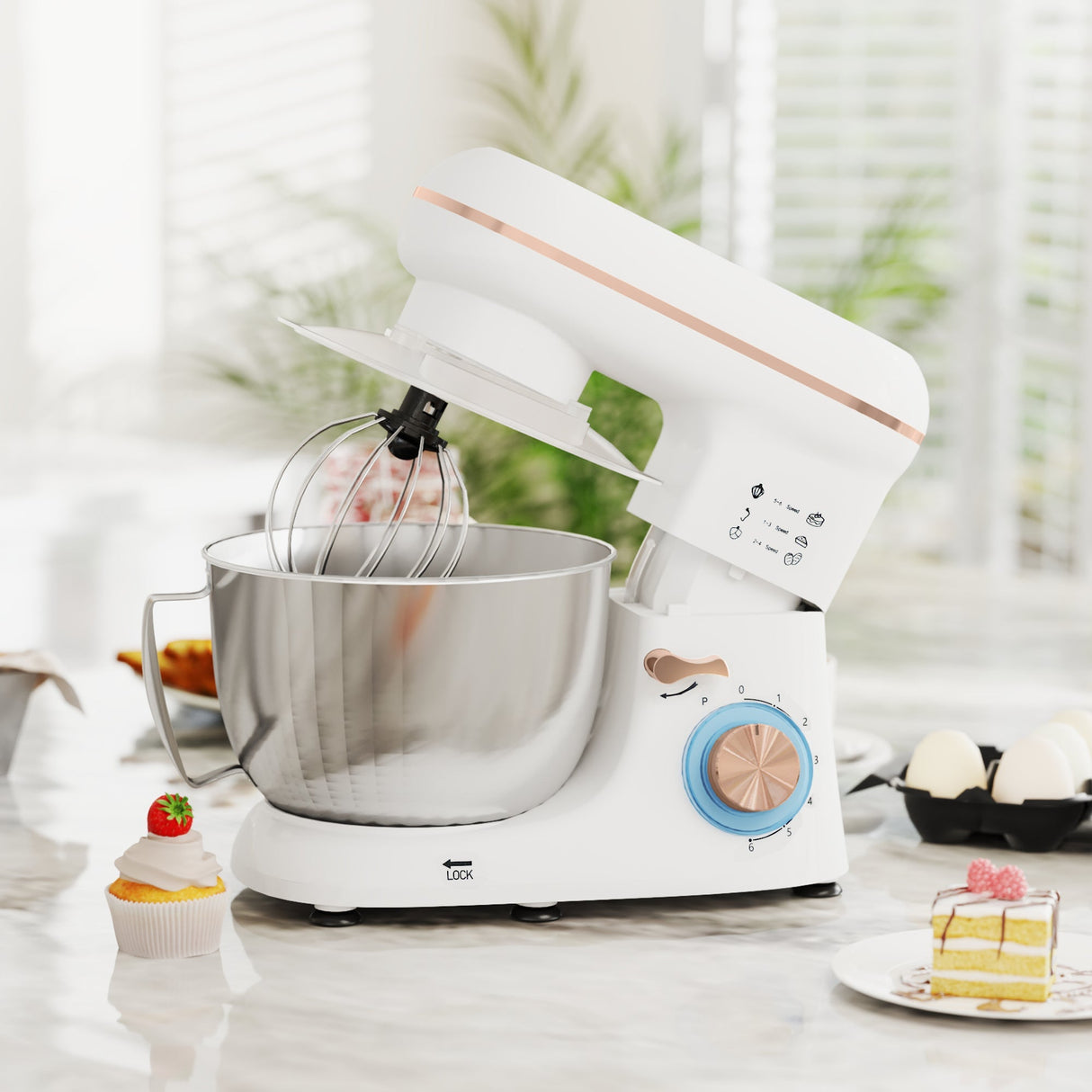 Wise Galleria Stand Mixer in white with bowl and whisk for versatile baking and cooking tasks