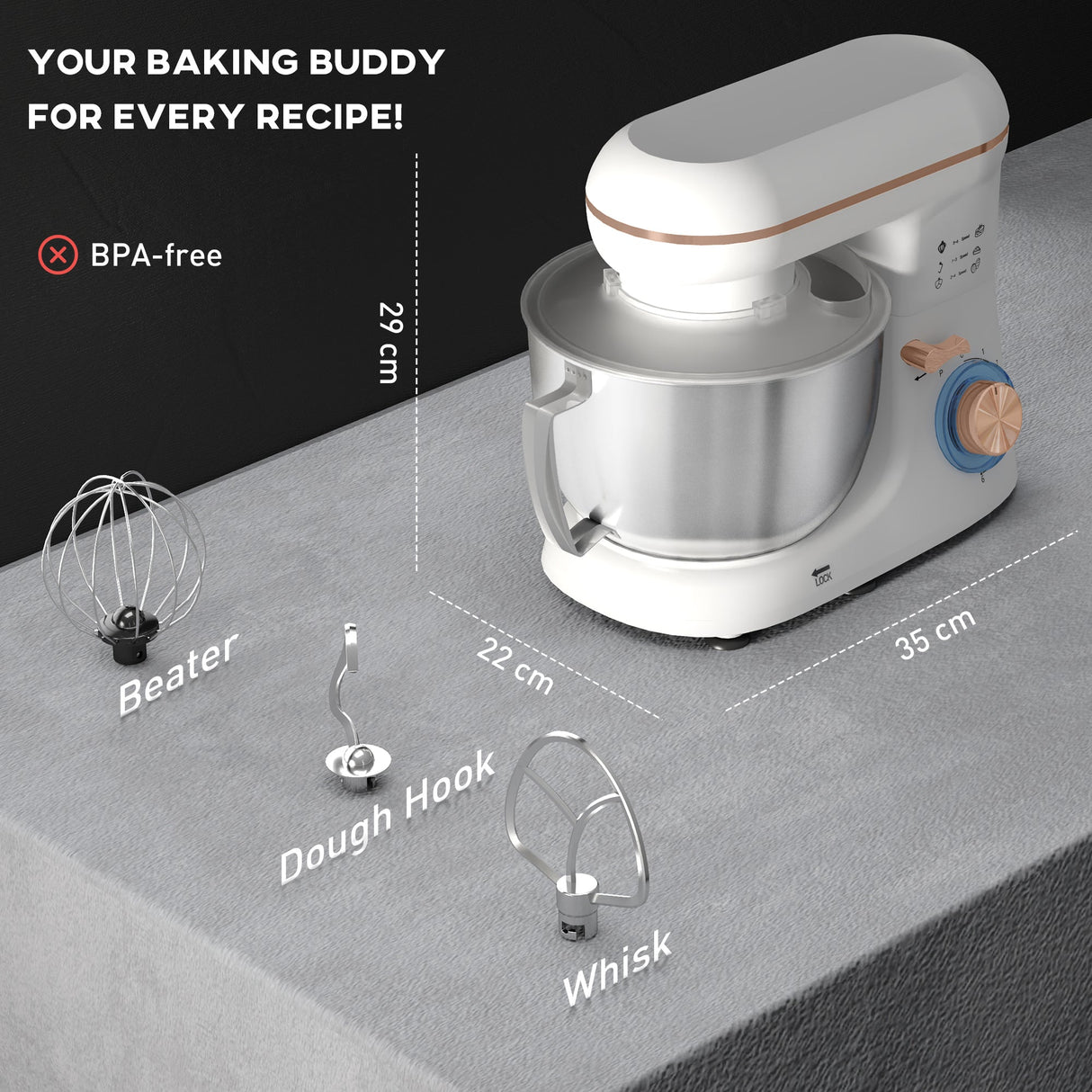 Wise Galleria Stand Mixer with beater, dough hook, and whisk for versatile baking needs