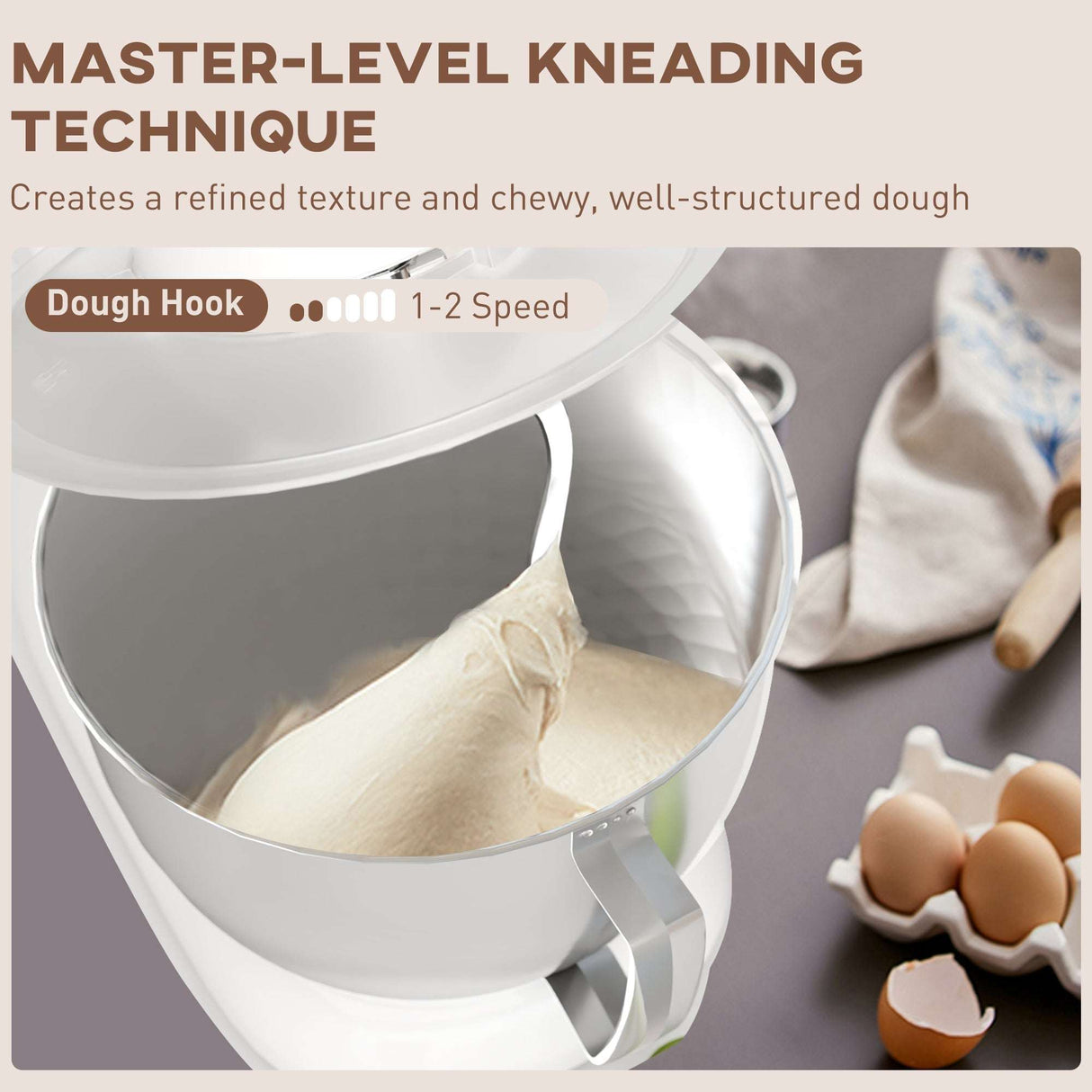 Wise Galleria Stand Mixer with dough hook for master-level kneading of smooth, well-structured dough