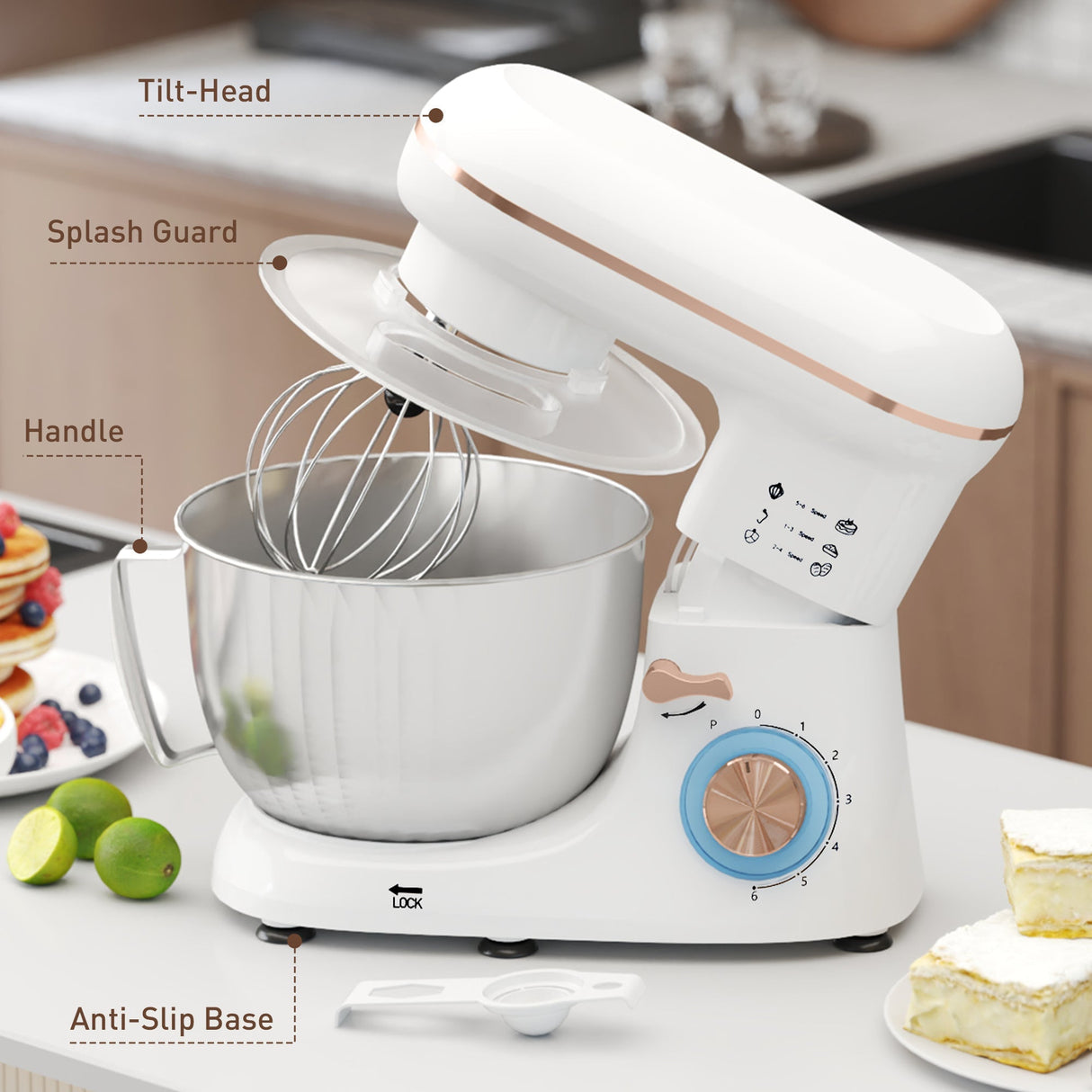 Wise Galleria Stand Mixer with a tilt-head design and splash guard, perfect for baking tasks