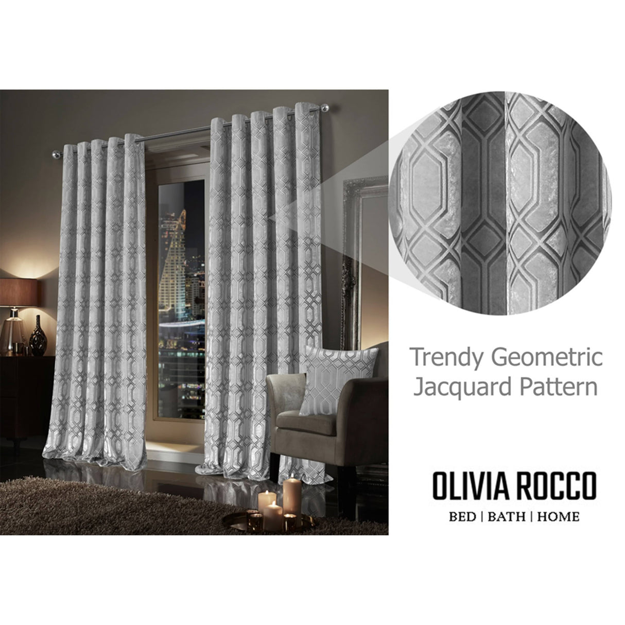 OLIVIA ROCCO Eyelet Curtains with trendy geometric jacquard pattern for stylish home decor