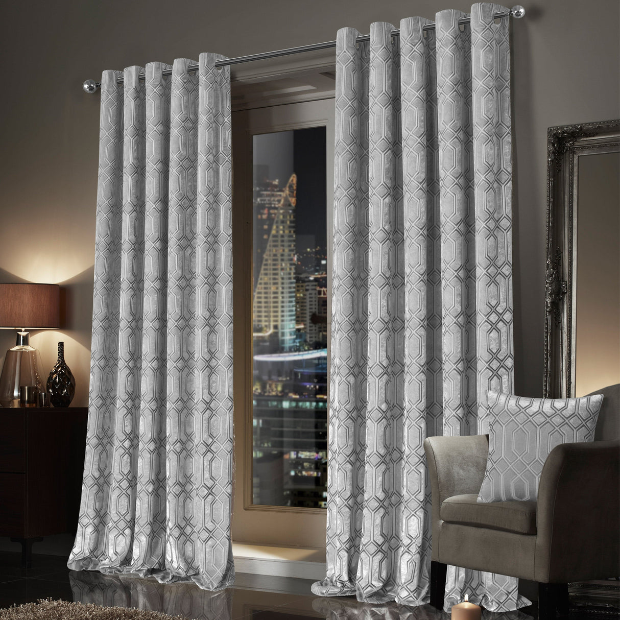 Stylish grey eyelet curtains with geometric patterns for modern living spaces