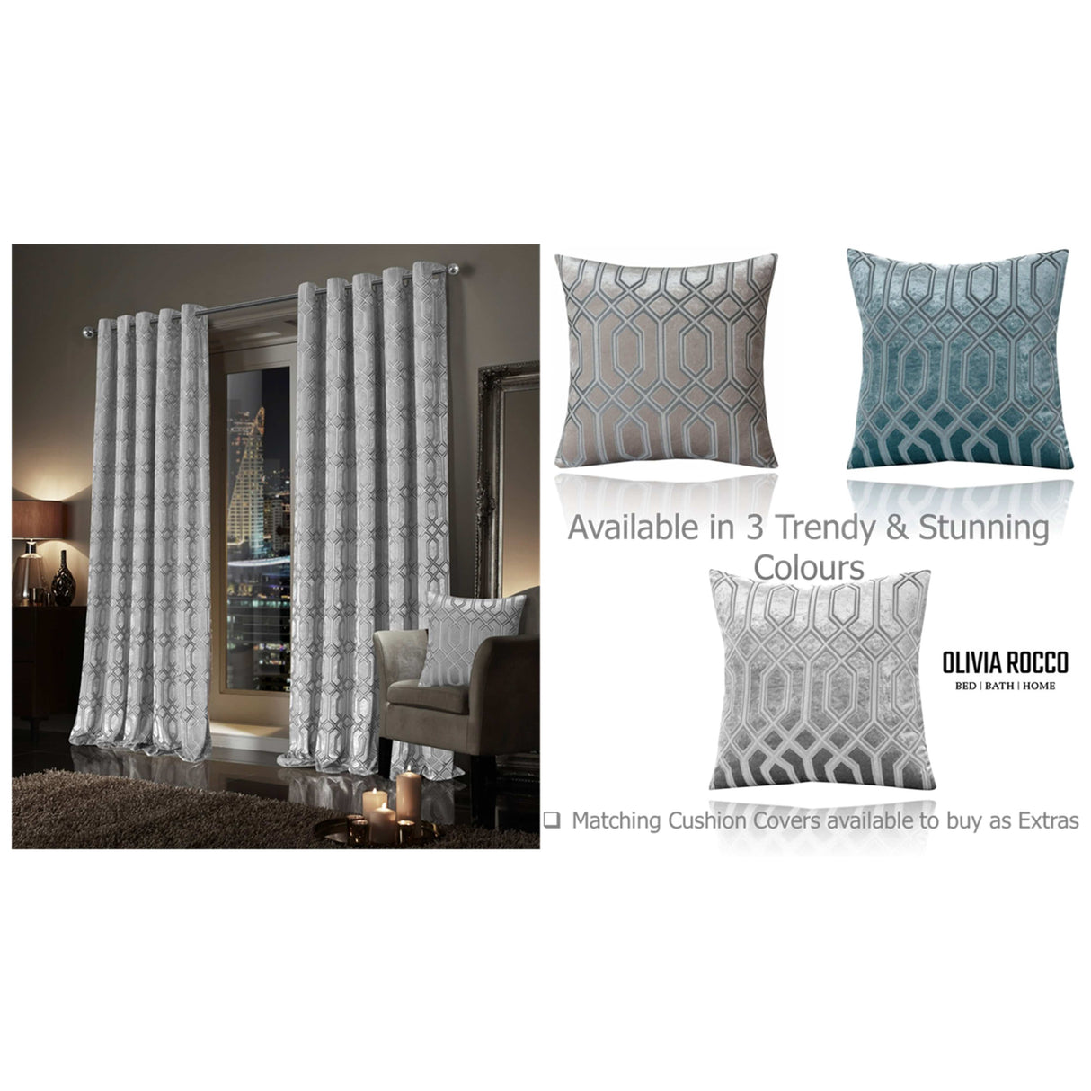 OLIVIA ROCCO Eyelet Curtains in a geometric design, available in three stunning colours