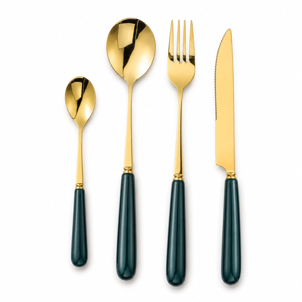 KitchBoom Cutlery Set with elegant gold finish and dark green handles, perfect for dining occasions