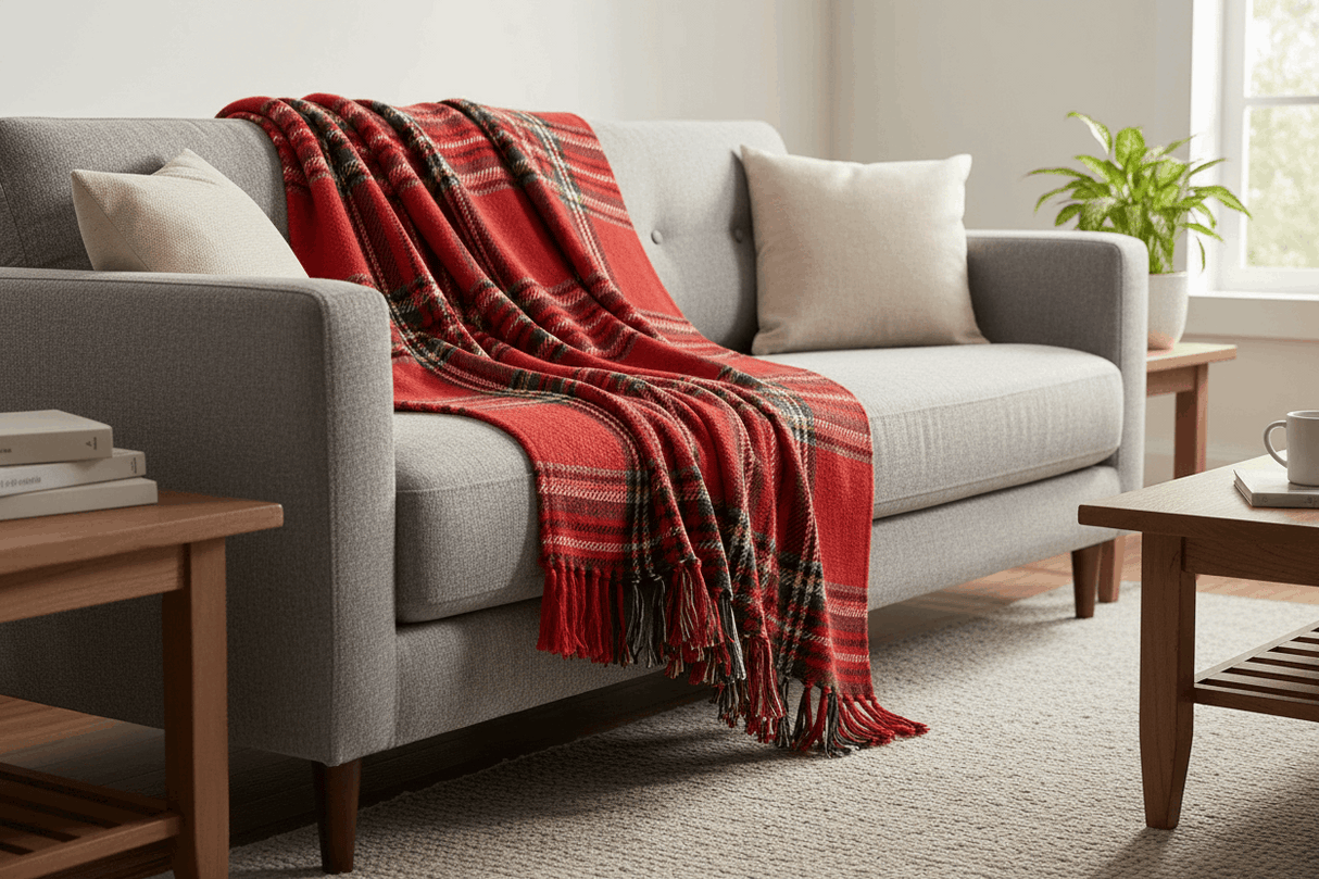 Red Tartan Woven Checked Cotton Throw 125cm x 150cm