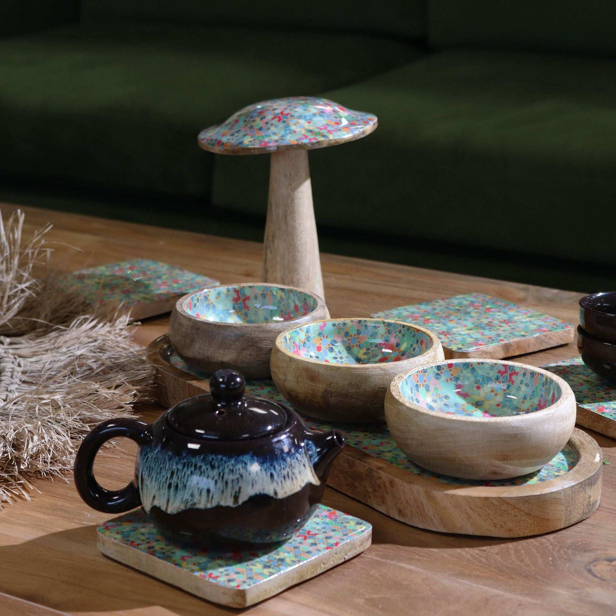 Mango Wood Tray with 3 Bowls - Mediterranean Tile pattern AW-Dropship