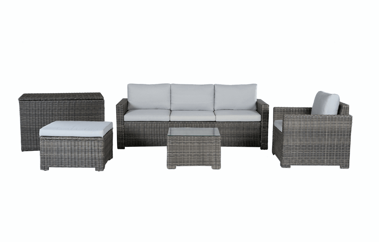 MINT Outdoor Garden Sofa Set with plush cushions and stylish grey wicker design for outdoor relaxation