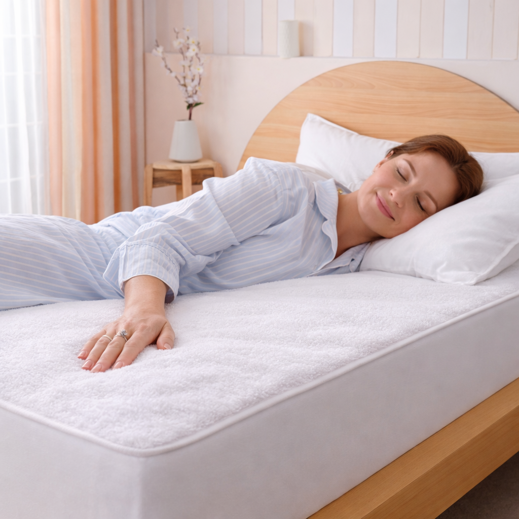 SHEET STORY Mattress Protector on a bed with a woman peacefully sleeping for added comfort