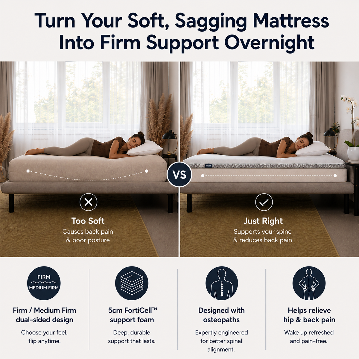 Brightr Sleep Mattress Topper with dual-sided design for firm support and improved back posture