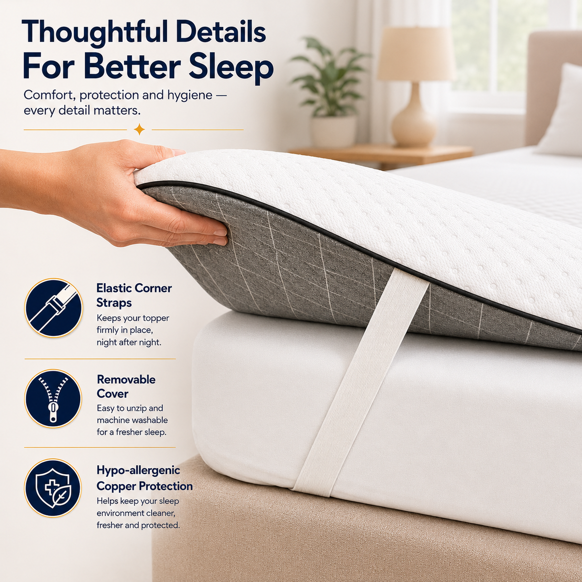 Brightr Sleep Mattress Topper with elastic corner straps and removable cover for enhanced comfort