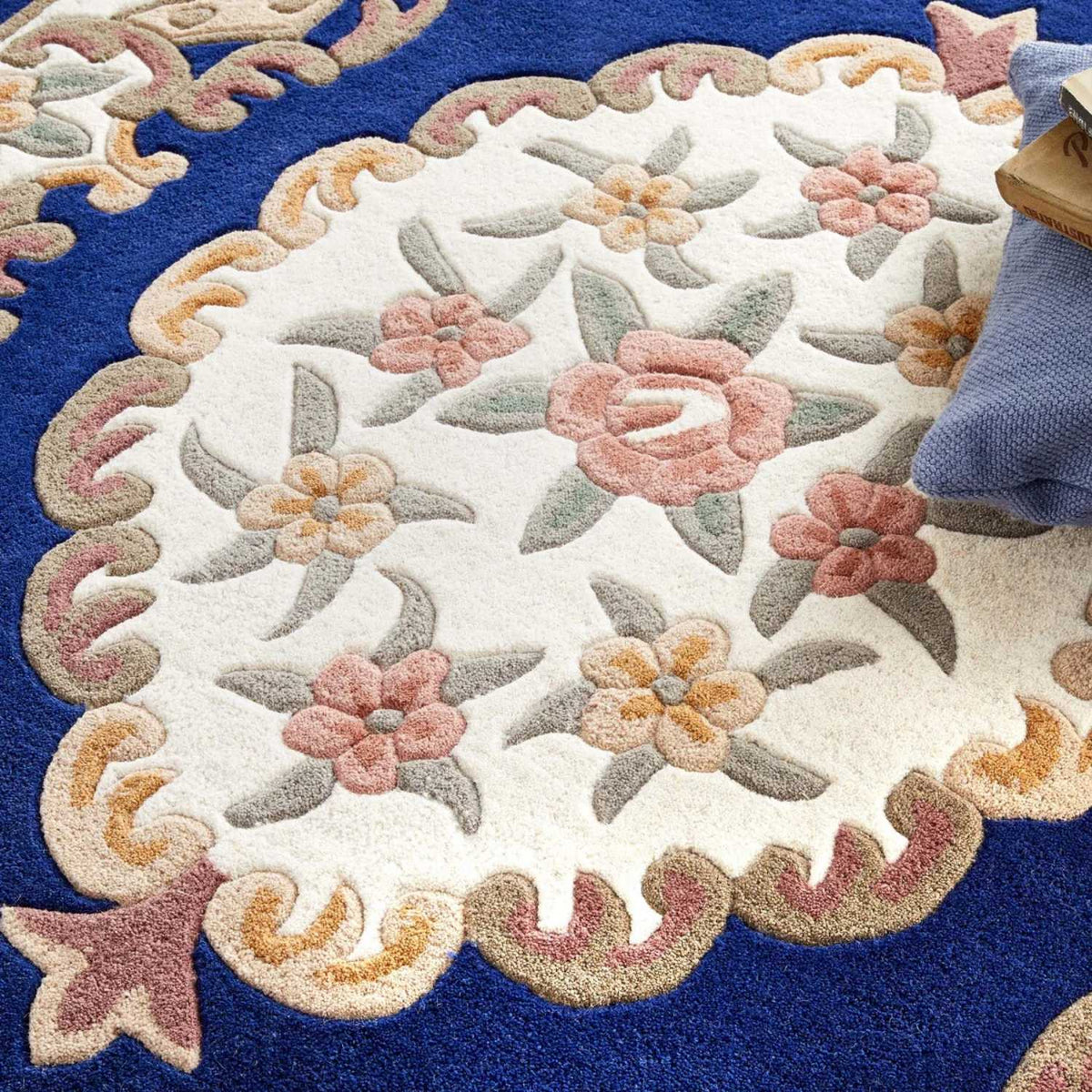 Beautiful Medallion Rug with Floral Design on a Blue Background for Home Decor