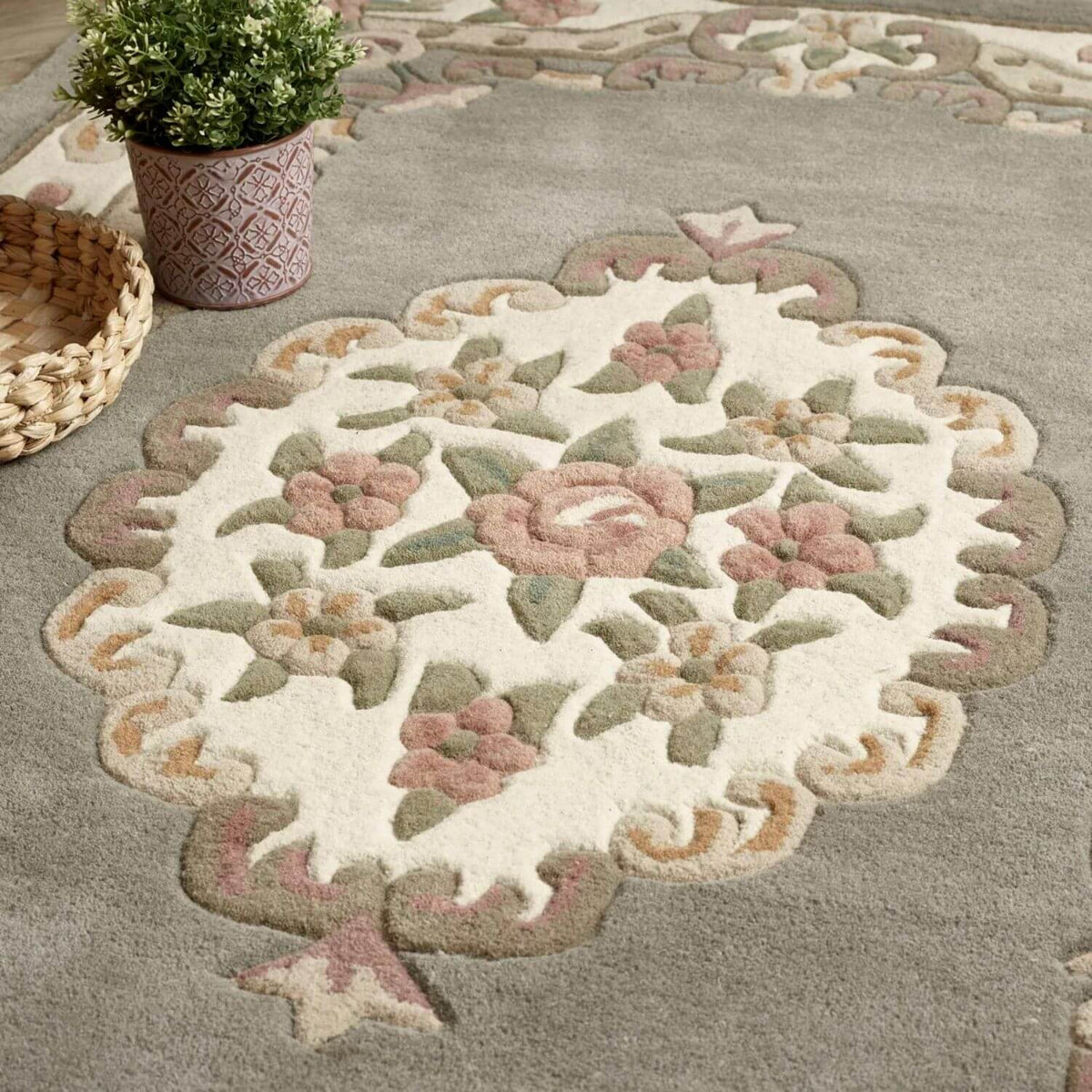 Elegant Medallion Rug with Floral Pattern and Soft Grey Background for Home Decor