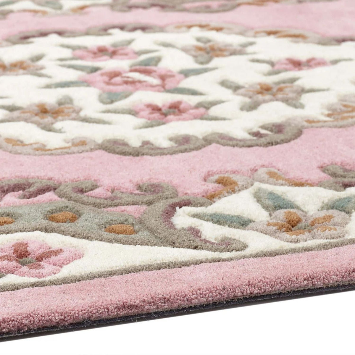 Decorative Medallion Rug with Floral Patterns in Soft Pink and Ivory for Home Decor