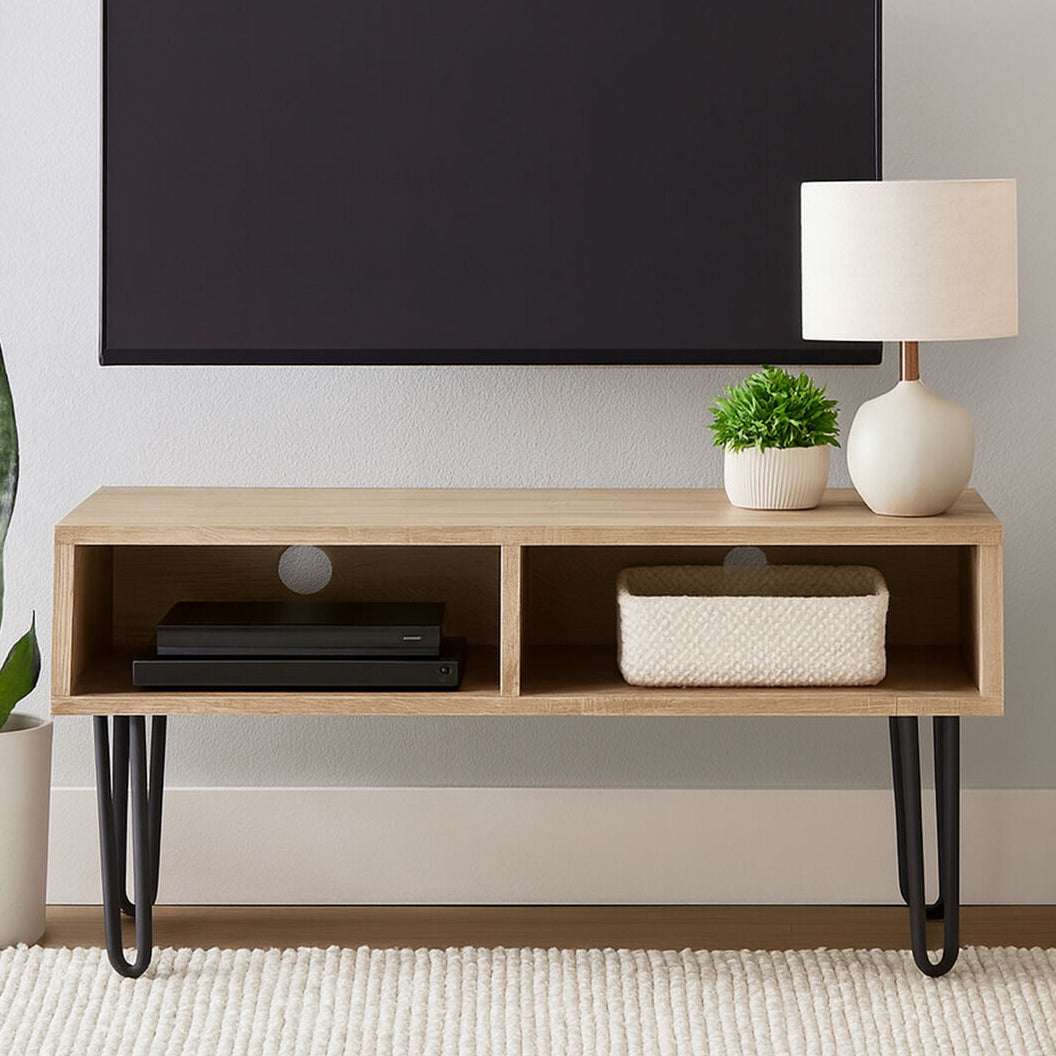 Orsina Media Unit in natural wood finish with open shelves and stylish legs for modern living rooms