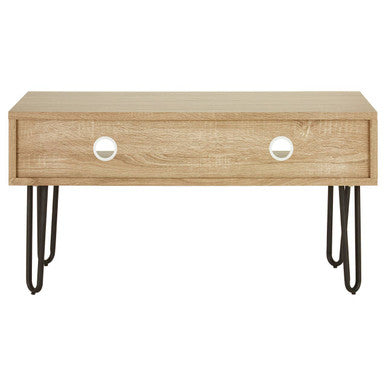 Orsina Media Unit in natural wood finish with a single drawer and stylish metal legs