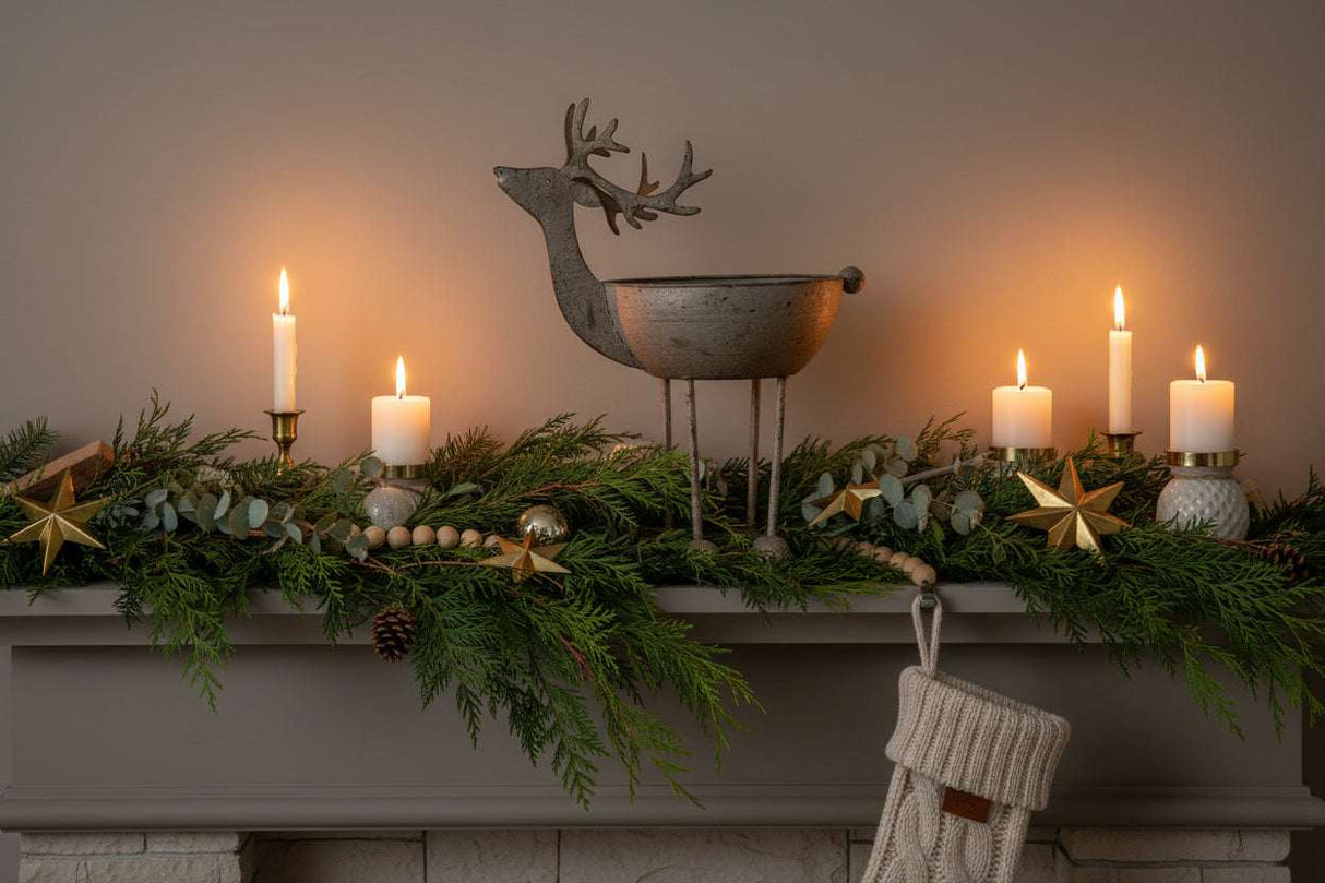 Decorative Metal Reindeer Bowl on a festive mantle with candles and greenery for Christmas room decorations