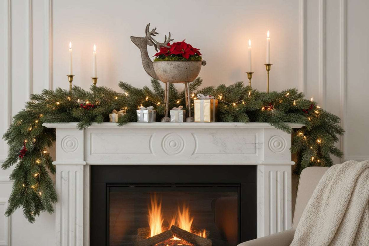Elegant Metal Reindeer Bowl atop a festive fireplace mantel with candles and holiday decorations