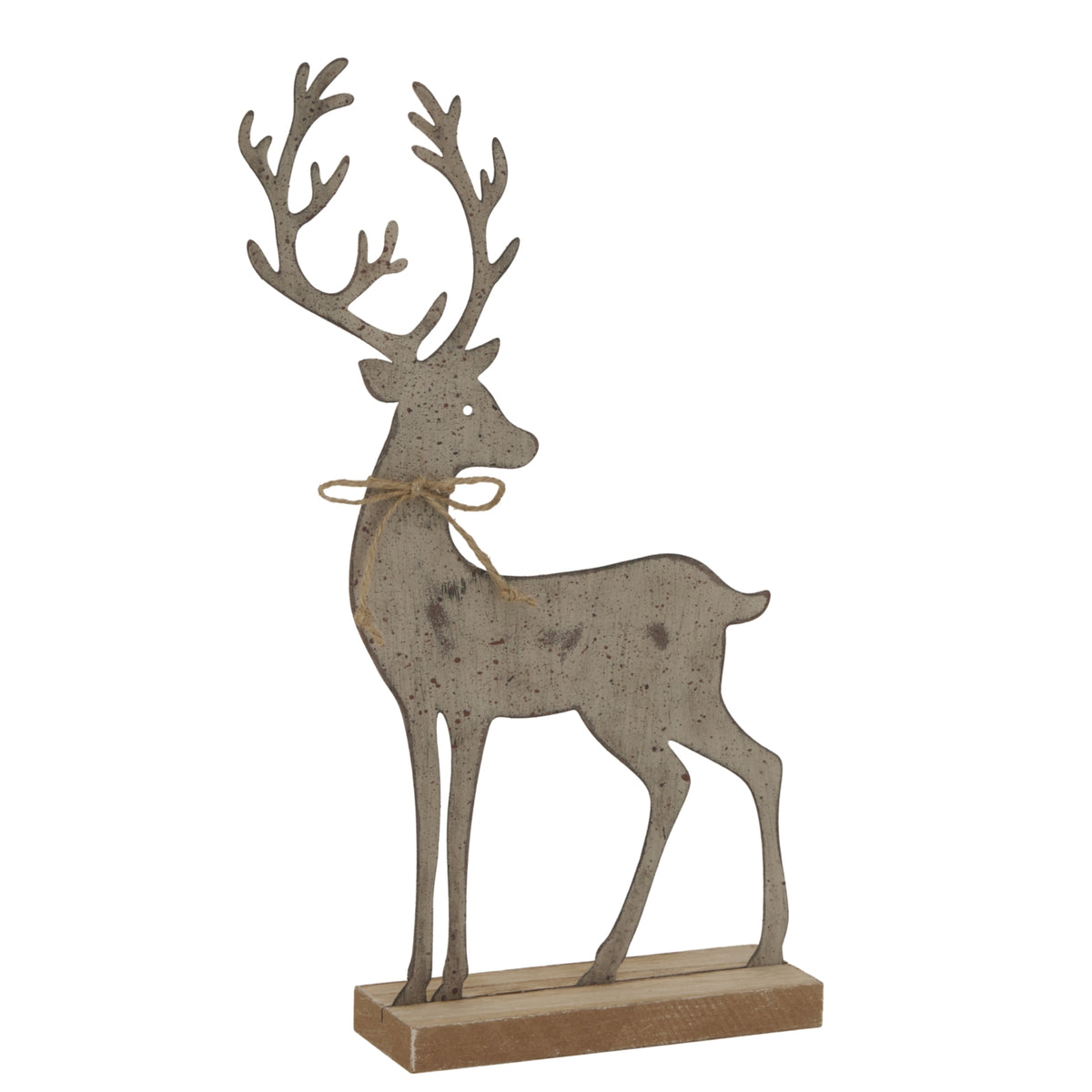 Decorative Metal Reindeer Figurine on Wooden Base for Rustic Christmas Room Decorations