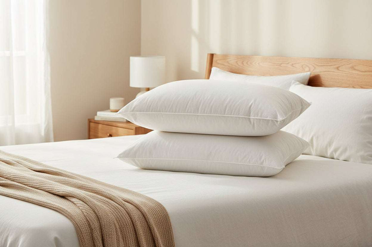 Two soft Microfibre Pillows stacked on a neatly made bed with a natural light setting