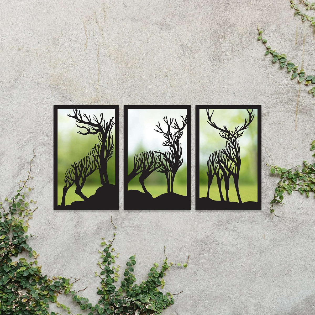 SunCatcher-UK Mirror Panel Garden Mirror with Silhouette Deer Design and Green Background