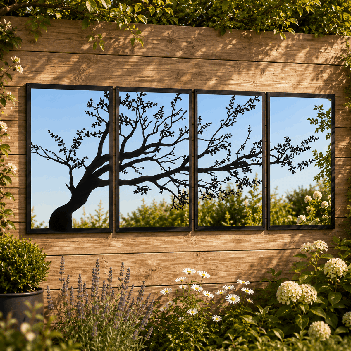 SunCatcher-UK Garden Mirror Set featuring a tree silhouette design, ideal for enhancing outdoor spaces