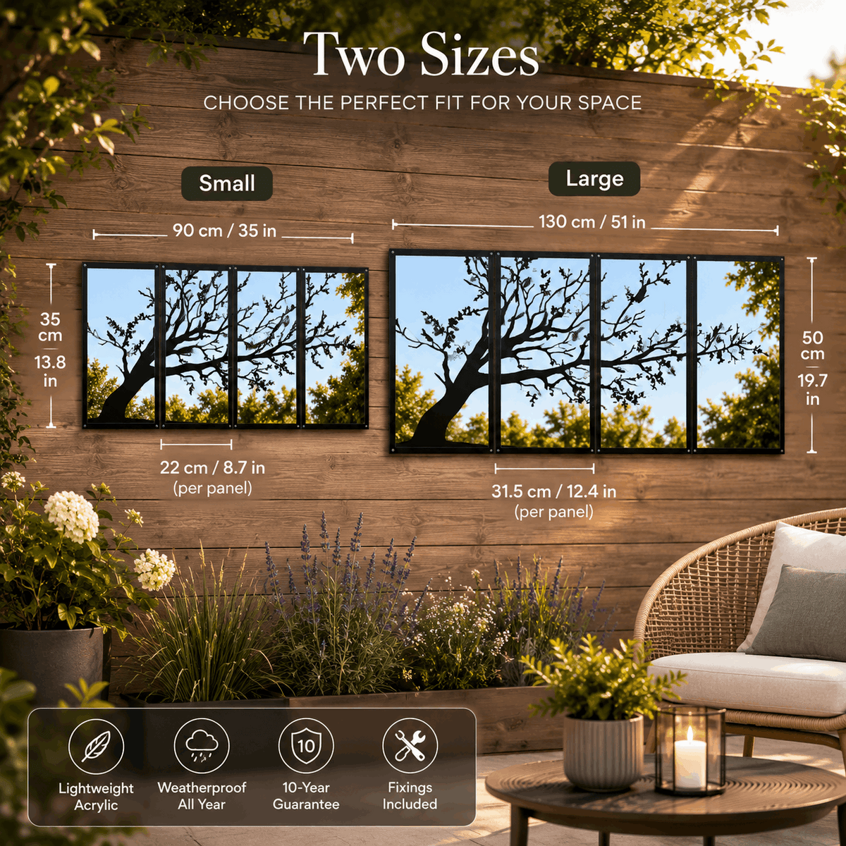 SunCatcher-UK Garden Mirror Set in two size options, enhancing outdoor spaces with reflections