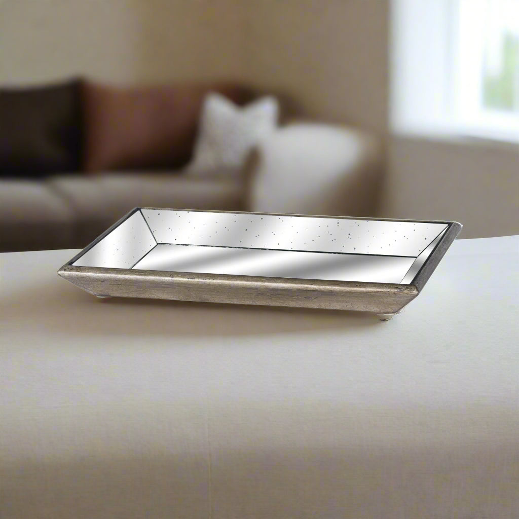 Astor Distressed Mirrored Tray With Wooden Detailing GOLD GLASS Shades 4 Seasons