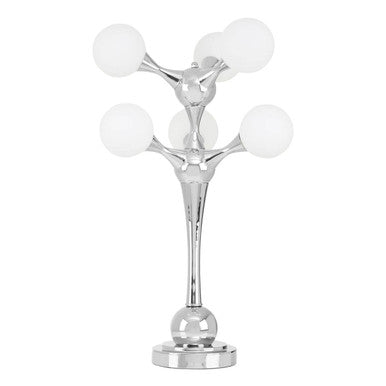 Orsina Table Lamp with a sleek chrome base and five round frosted globes for modern decor