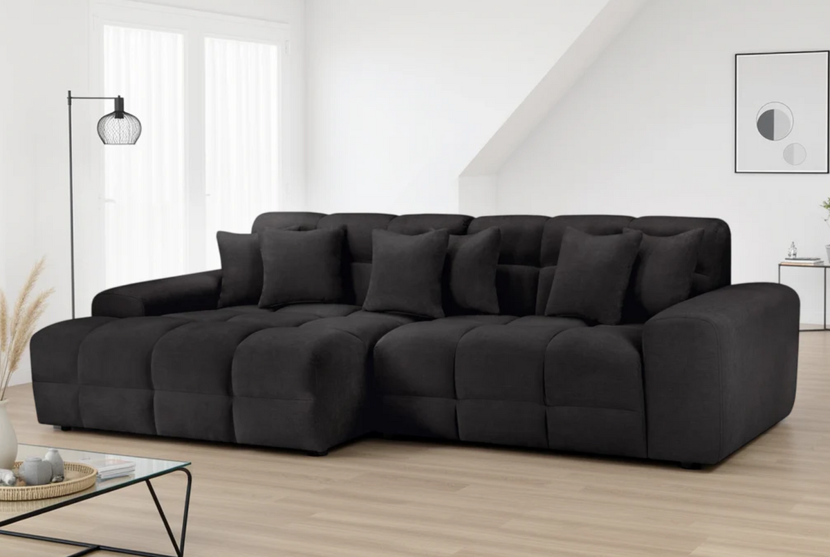 Modern Black Corner Sofa with Plush Cushions and Stylish Design for Comfortable Living Rooms