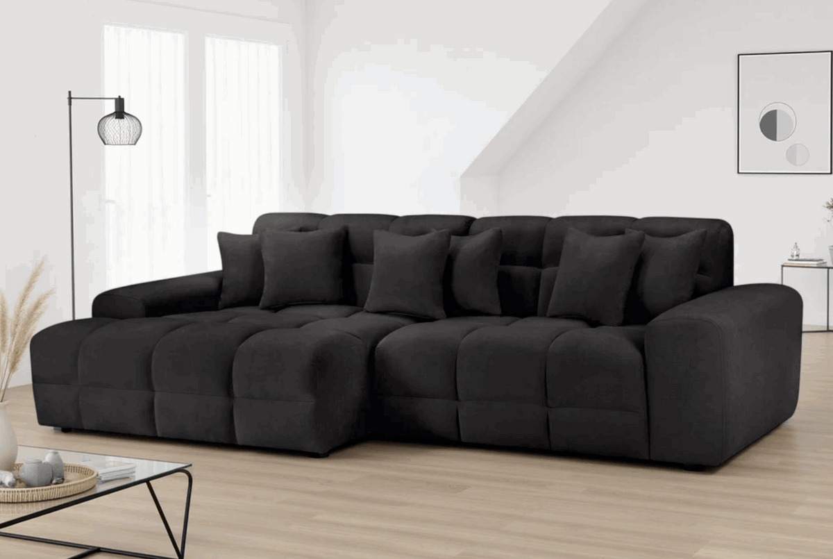 Modern Black Corner Sofa with Plush Cushions and Stylish Design for Comfortable Living Rooms