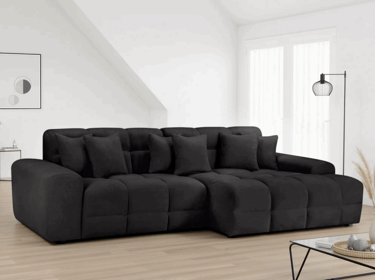 Stylish Corner Sofa in Dark Fabric with Cushions, Ideal for Modern Living Rooms