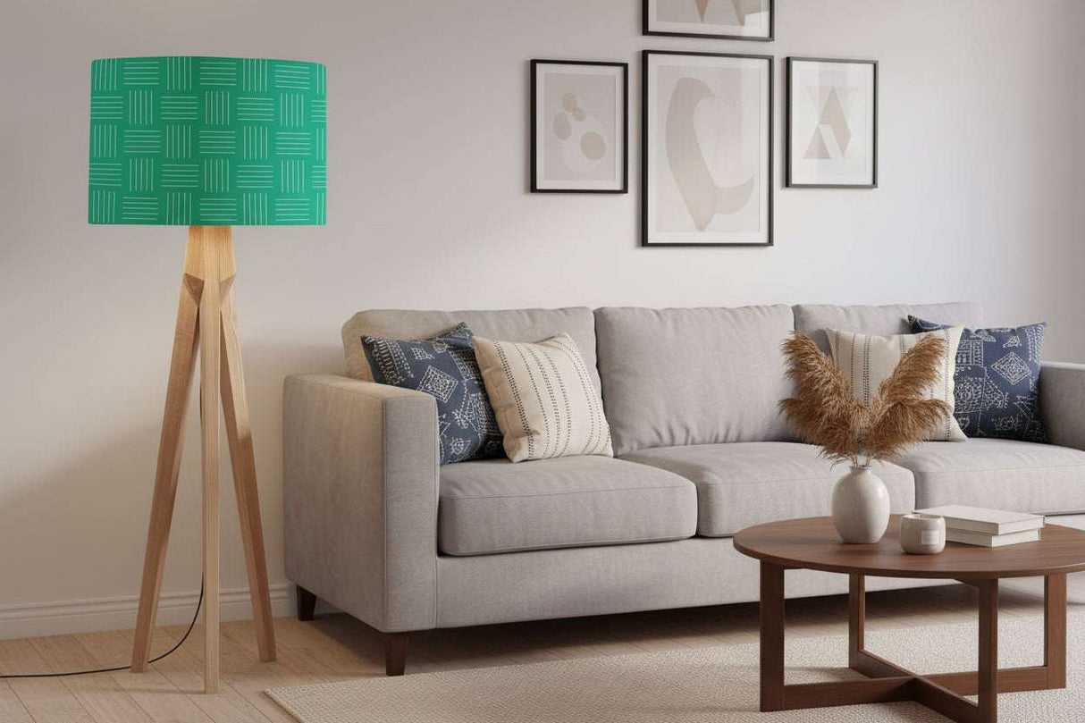 Shadow Bright lampshade in teal pattern on a stylish floor lamp in a modern living room