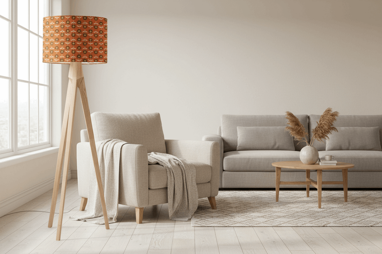 Shadow Bright lampshade in vibrant pattern on a stylish floor lamp in a modern living room