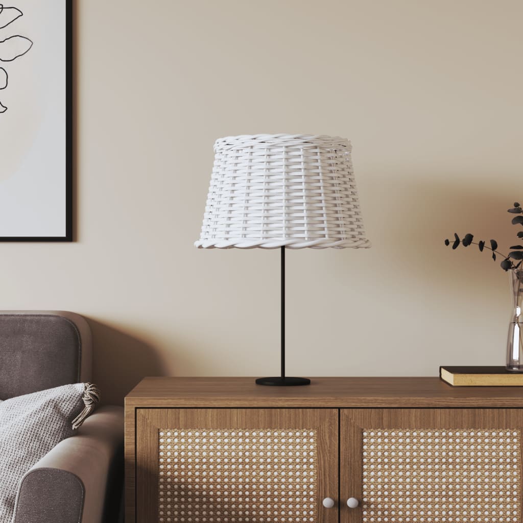 vidaXL White Woven Lampshade Table Lamp on a Wooden Side Table in a Modern Living Room