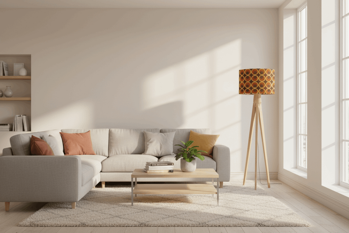 Stylish Shadow Bright lampshade on a modern floor lamp in a bright living room setting