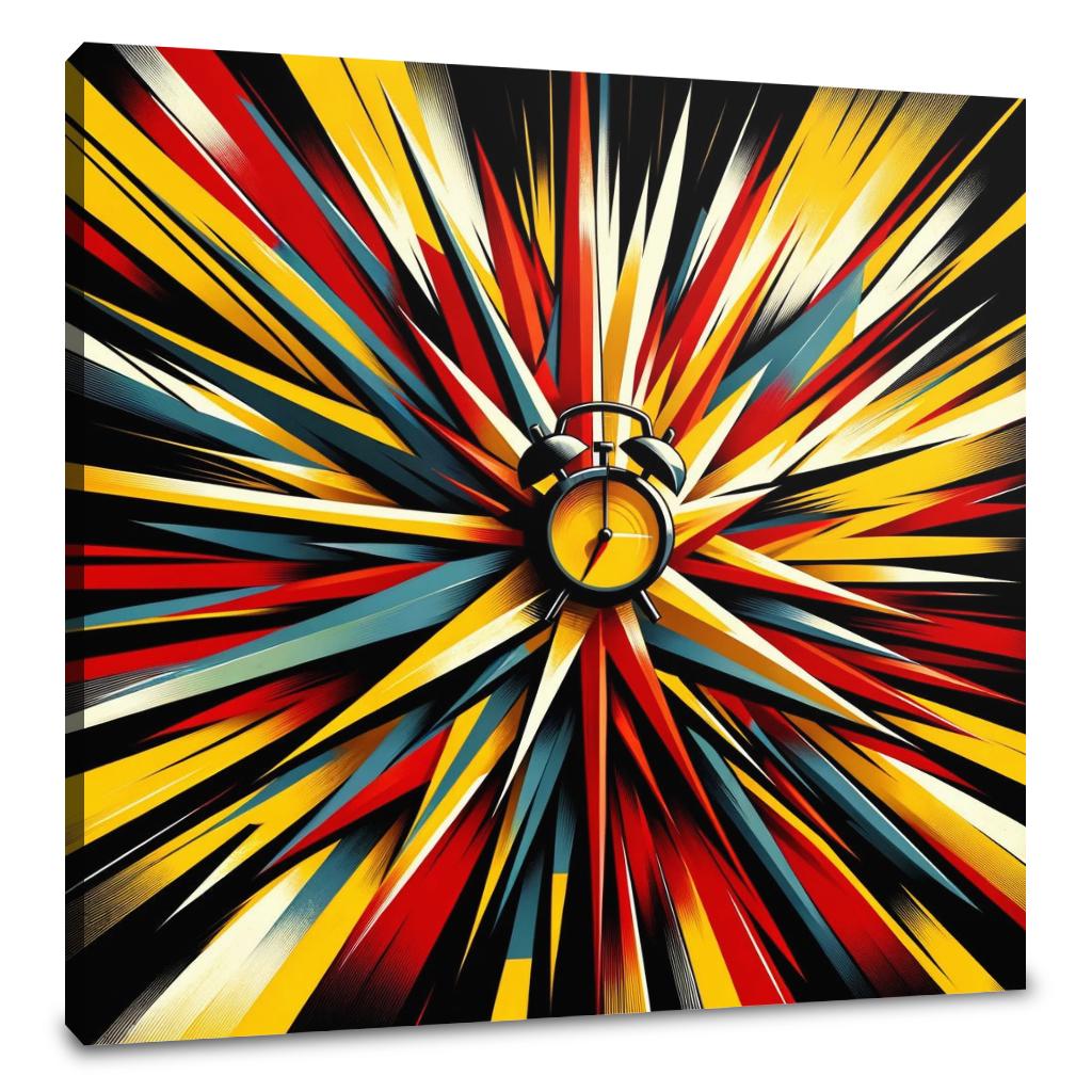 Vibrant Wall Art Canvas featuring a dynamic explosion design with an alarm clock centrepiece