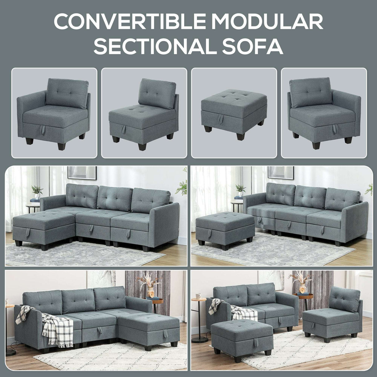 Convertible Modular Sofa from Wise Galleria in grey with adjustable sections and tufted design